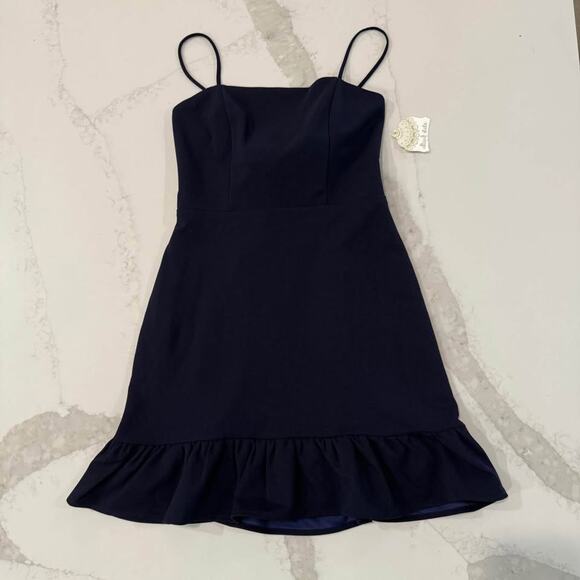 Altar’d State Square Neck Tie Back Ruffle Hem Mini Dress Womens Small Navy Lined - Picture 1 of 10